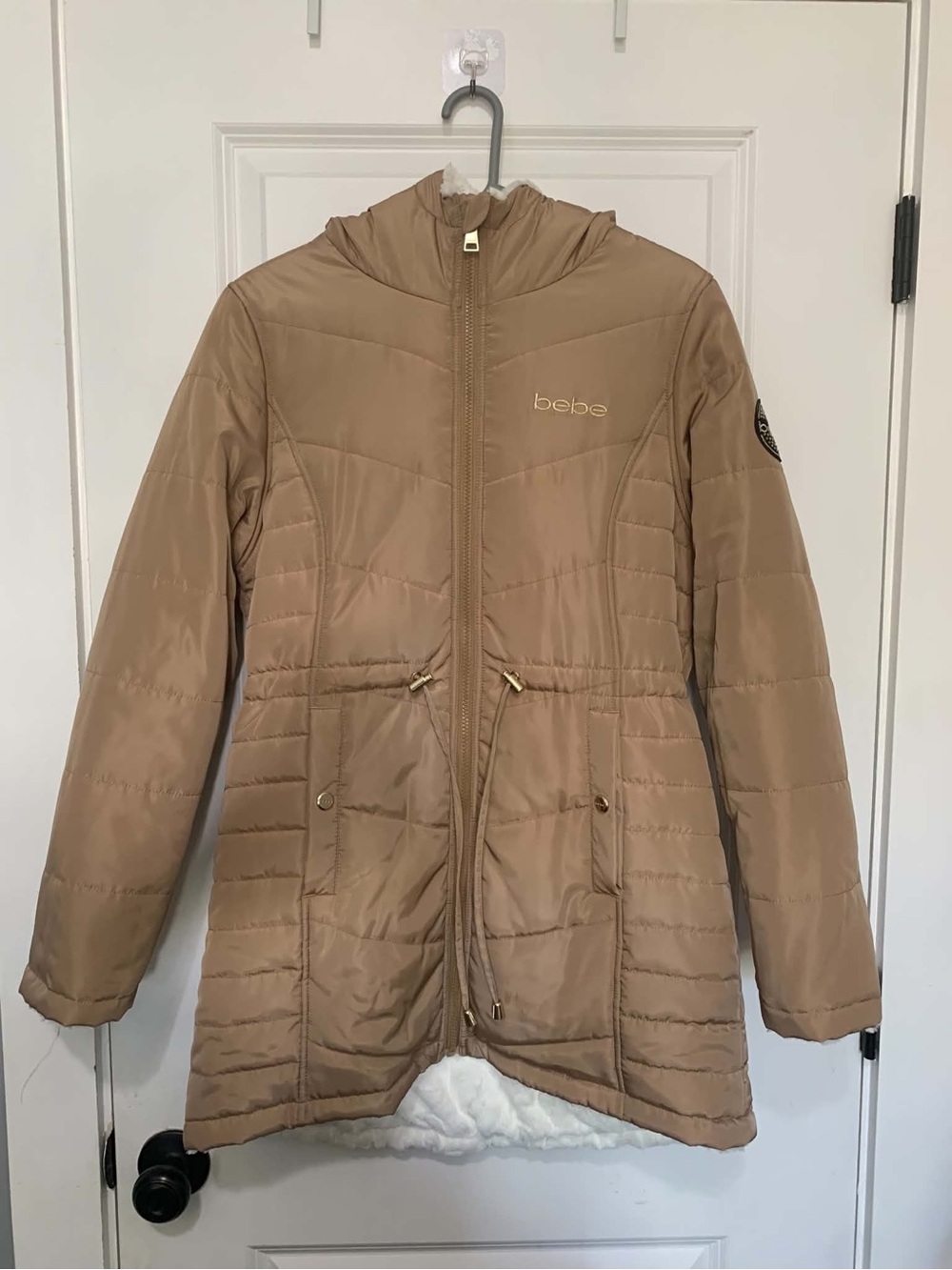 bebe Quilted Tan Hooded Puffer Coat